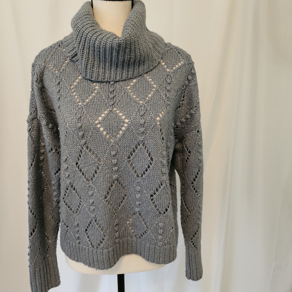 LOFT dusty blue Knit Turtleneck Sweater with silver thread, Size XS